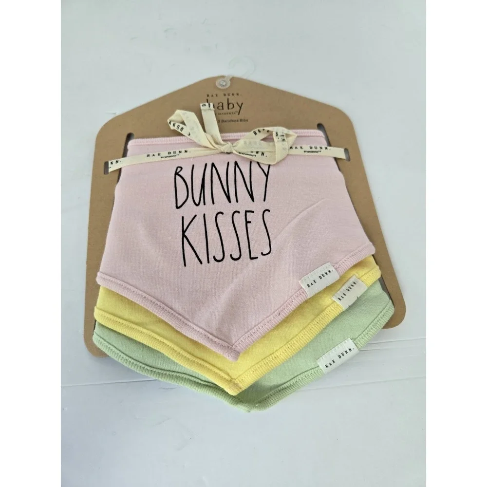 Rae Dunn Baby Bib Set Bunny‎ Kisses NEW set of 3 Bandana Bibs pink Spring